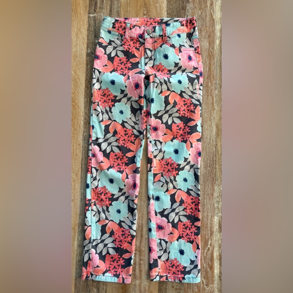 Gymboree Girls Stretch Jeans‎ Size 8 Adjustable Waistband, Coral & Aqua Floral